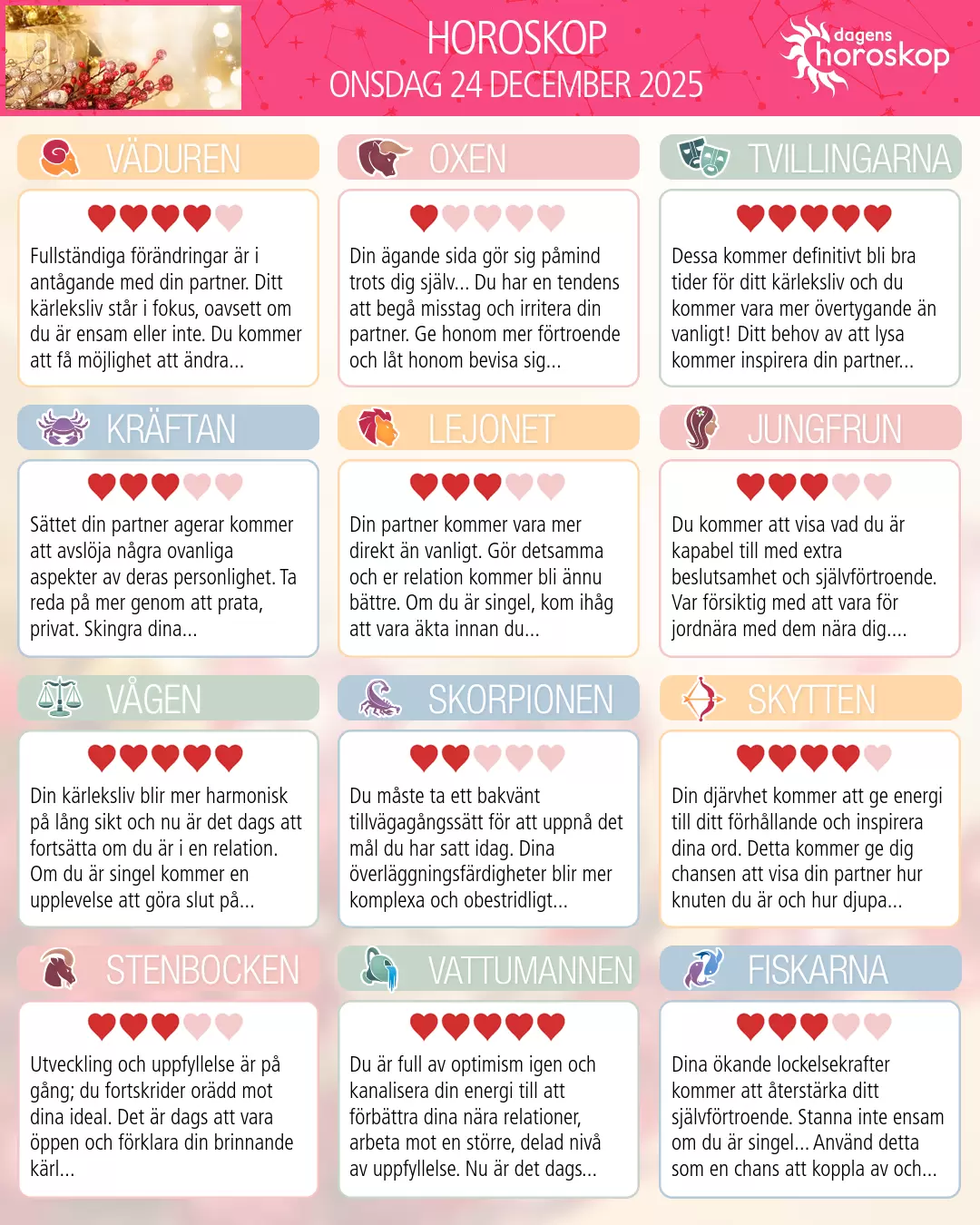 Horoskop för Oxen idag, 24 December 2025