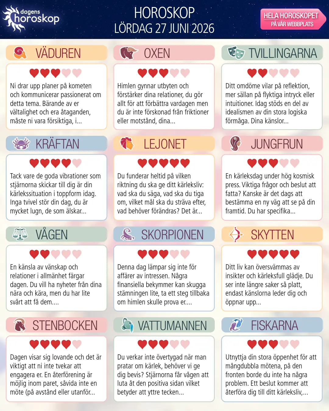 Horoskop för Väduren idag, 27 Juni 2026